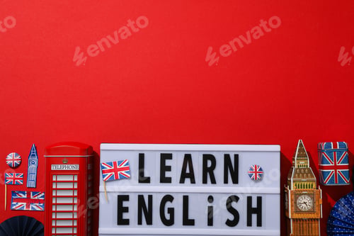Preview: Blackboard with the inscription "English lessons" on a red background.