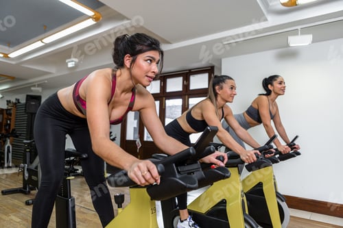 Preview: Determined sportswomen exercising on bikes