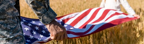Preview: panoramic shot of kid and military man holding american flag