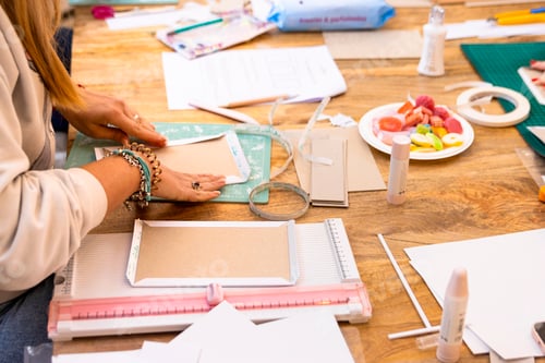 Preview: Scrap Booking Workshop. Close-up of a woman's hands folding paper.