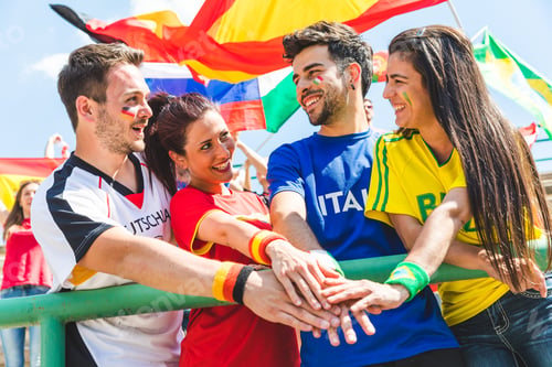 Preview: Happy fans supporters from different countries together at stadium