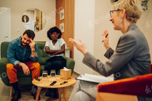 Preview: Diverse couple on a therapy session in a psychologist office