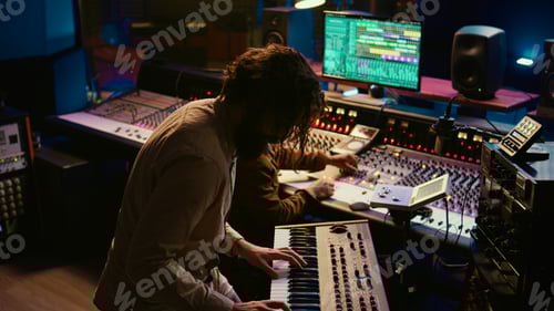 Preview: Skilled musician performing in control room at studio and recording tracks