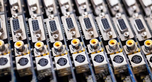 Preview: Close-up blurry metal sockets on a computer video board
