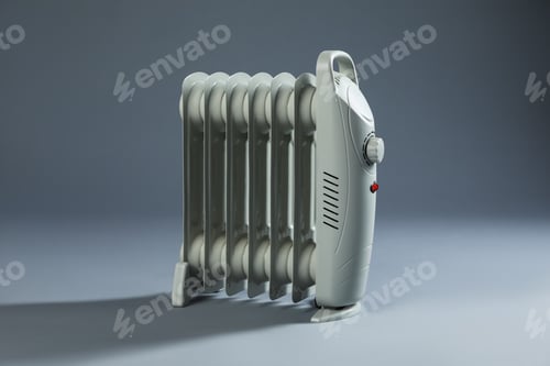 Preview: One electric heater on grey background. Domestic appliance