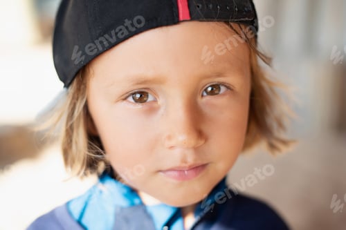Preview: Portrait of little kid with a cap which looks at camera in blurred background