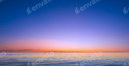 Preview: Twilight sky over sea and stars on colorful evening sky with light reflection on water surface