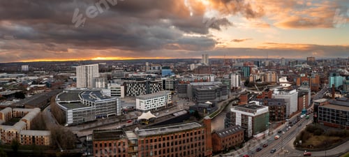 Preview: Aerial panorama of Leeds Dock and River Aire in a cityscape skyline at sunrise