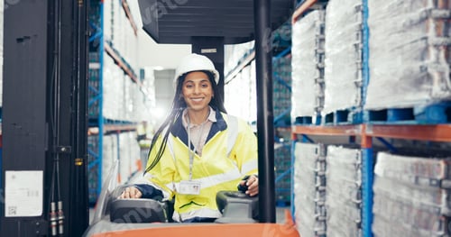 Preview: Shipping, forklift and portrait of woman in warehouse for logistics, freight and distribution. Expo