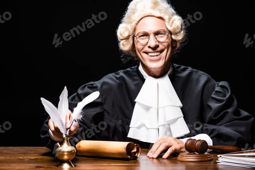 Preview: smiling judge in judicial robe and wig taking feather isolated on black