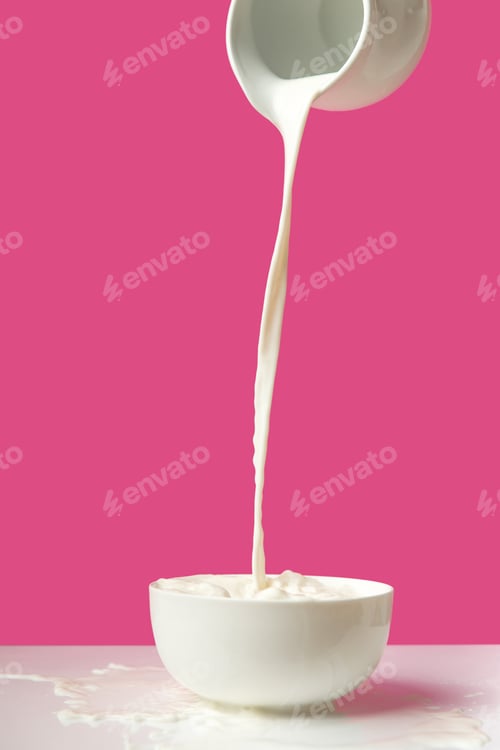 Preview: pouring fresh healthy milk from jug to bowl on pink