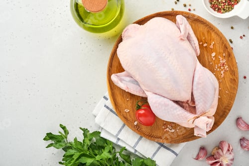 Preview: Whole raw chicken with ingredients for making rose pepper, lemon, thyme, garlic, cherry tomato, sorr