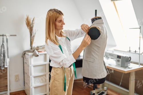 Preview: Dressmaker tries on dress on mannequin, workshop