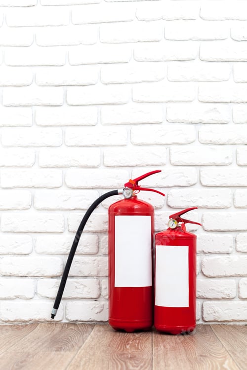 Preview: Fire extinguisher near white wall, ready for use