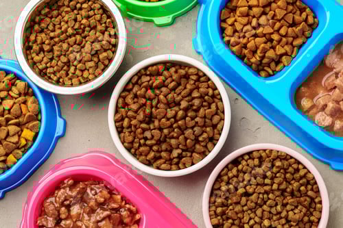 Preview: Plastic pet bowl with food on gray background