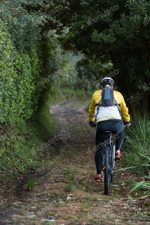 Preview: Mid adult man wearing bike jacket, cycling helmet riding mountain bike on forest path with backpack