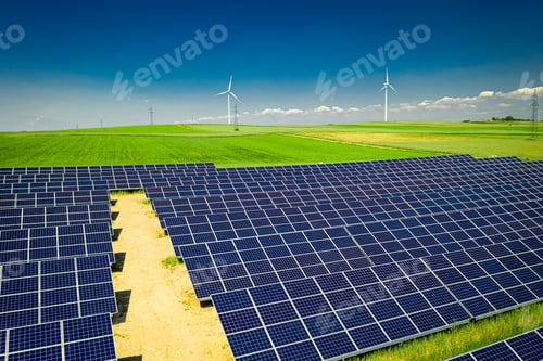 Preview: Flying above stunning view of solar panels in sunny day