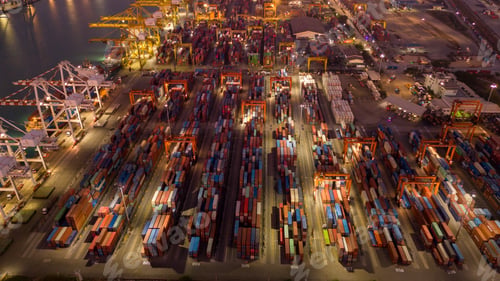 Preview: Shipyard industry shipping seafaring vessel at sunries. Cargo container depot port logistics