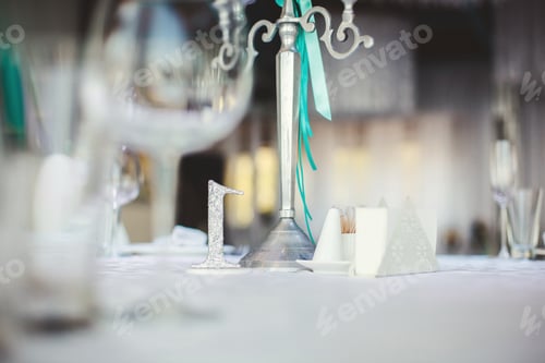 Preview: Wedding Banquet in the restaurant, the Tiffany color. Table. Chair. Arch. Tent. Tinsel.
