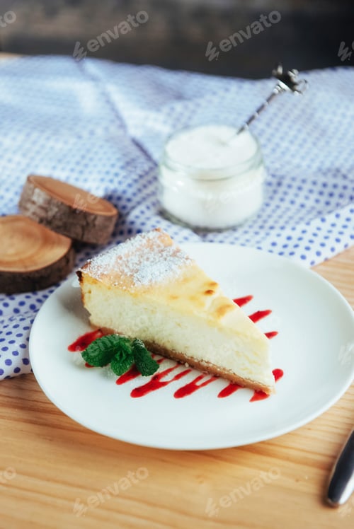 Preview: triangle cheese cakes in cafe. On a wooden table