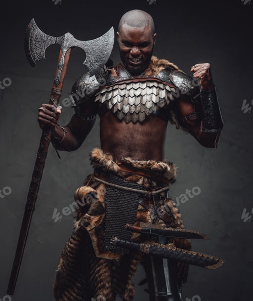 Preview: Evil barbaric man with black skin and axe in dark background