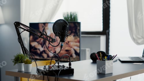 Preview: Empty broadcasting studio with professional audio equipment and no host