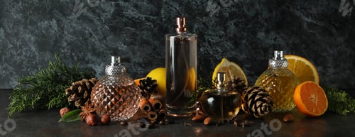 Preview: Composition with perfume bottles and different ingredients