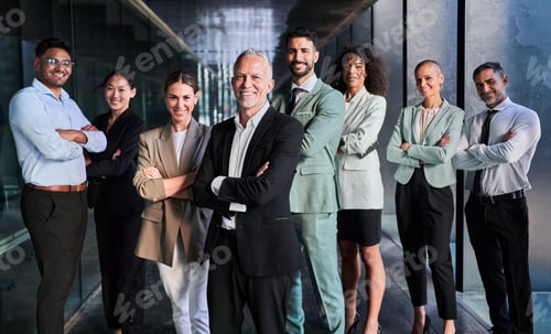 Preview: Multicultural business team headed by boss. Posing to camera cheerfully at the office.