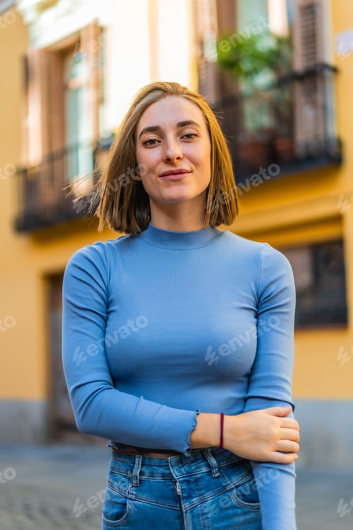Preview: Portrait of an urban woman in denim clothes in street
