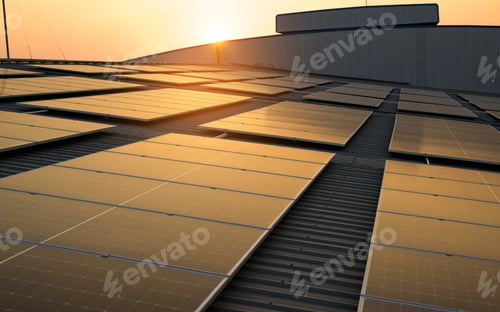 Preview: Solar cell farm power plant and solar panels with sunset in evening