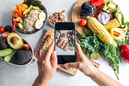 Preview: A woman takes a photo of spring rolls on her smartphone.