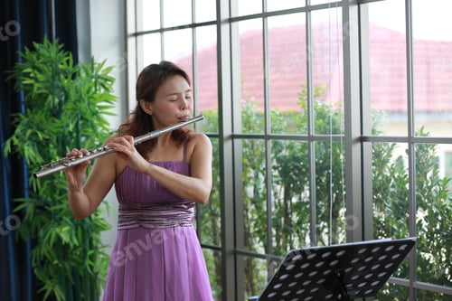 Preview: woman musician playing classical flute music instrument, workshop for performance concert