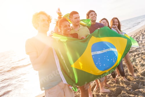 Preview: Group of Friends with Brazilian Flag at Beach