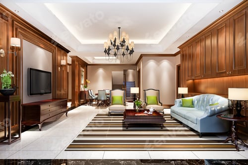 Preview: Sophisticated Living Room Interior with Ornate Wood Paneling
