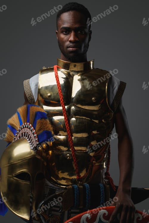 Preview: African soldier with shield and helmet against grey background