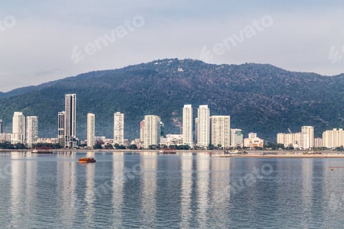 Preview: Sunrise cityscape view of Penang Island from Straits of Malacca