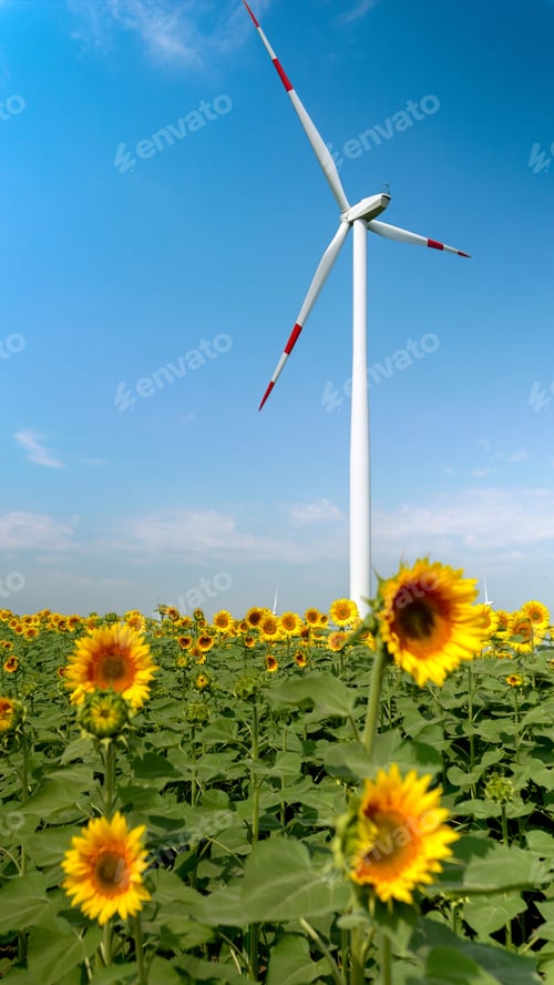 Preview: Wind turbine generating power spinning blades in the sunflower field on sunny windy day