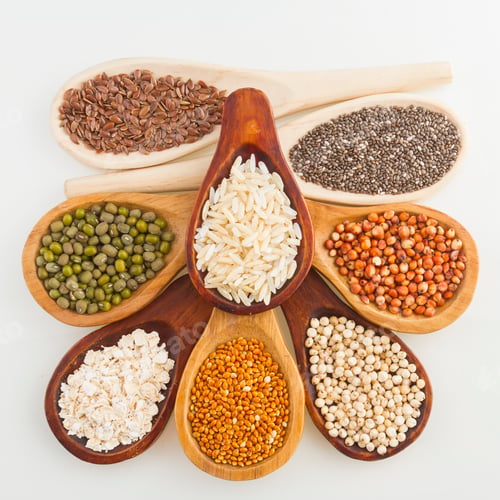 Preview: wooden spoons with assorted grains of super foods, gluten free