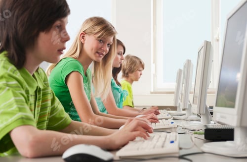 Preview: Germany, Emmering, Students (12-14) using computer in computer lab