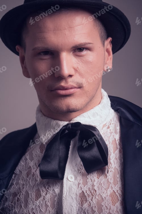 Preview: One Young Caucasian Man, Gay Gentelman, Wearing Lace Shirt, Hat, Studio Portrait, Face Close Up