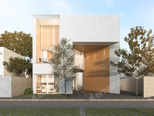 Aperçu: 3d rendering white cubic house with modern design