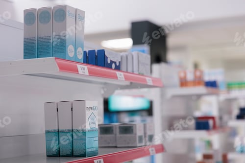 Preview: Empty pharmacy store shelves filled with pharmaceutical products and supplements to sell