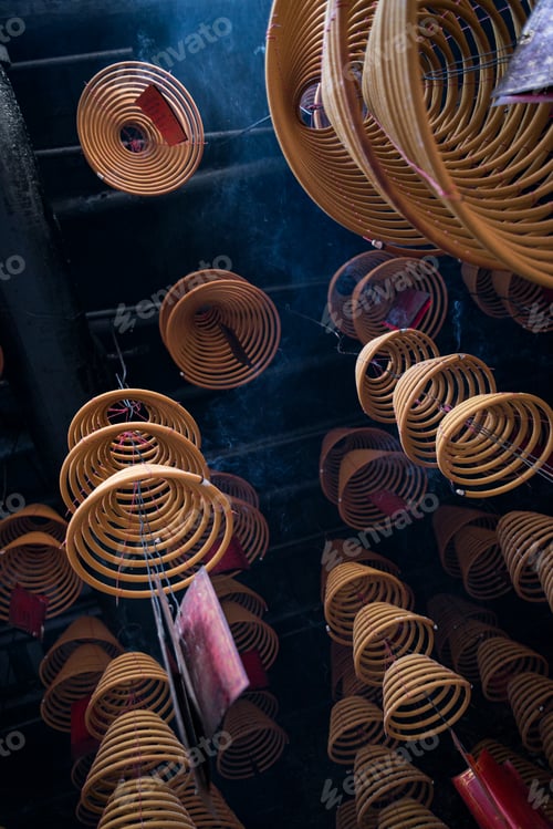 Preview: traditional burning incense coils inside chinese a-ma temple in macau