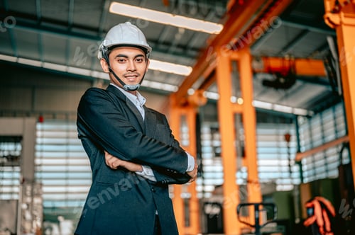 Preview: Portrait of young serviceman asians engineering smiling happily in machine indoor factory.Engineer