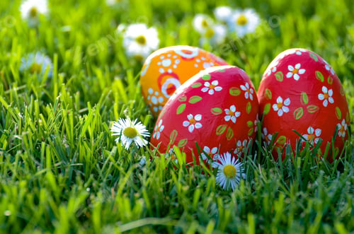 Preview: Easter eggs lying on green spring grass along with Bellis flower