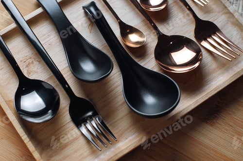 Preview: Cutlery is arranged on a wooden tray