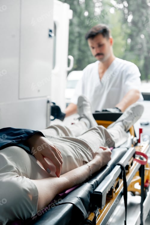 Preview: close up on the street in an ambulance a young patient with an injured neck and arm transporting the