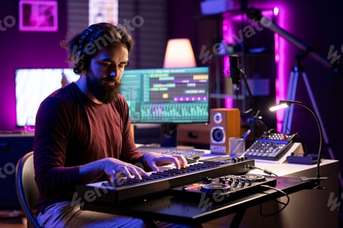 Preview: Songwriter playing piano keyboard and recording tunes for mix and master session