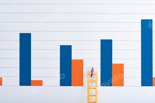 Preview: People figure on ladder near blue and red graphs at background, equality concept