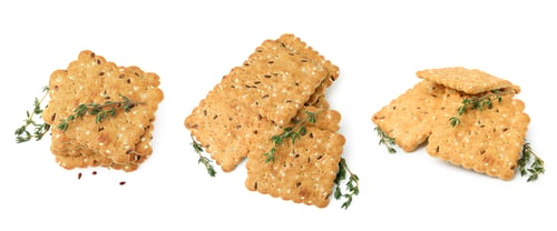 Preview: Delicious crackers and thyme isolated on white, set